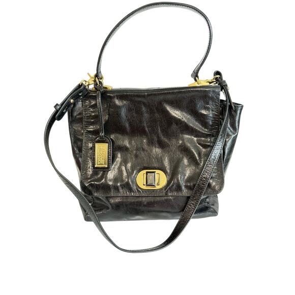 Badgley Mischka Black Purse Cross Body Shoulder Flap Gold Buttons